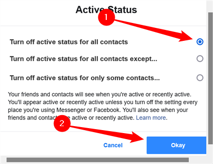 Выберите Turn off active status for all contacts, чтобы быть невидимым для всех