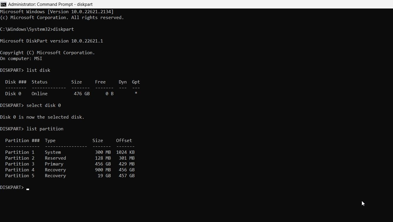Команда list partition в Командной строке