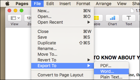 Окно экспорта документа в Pages