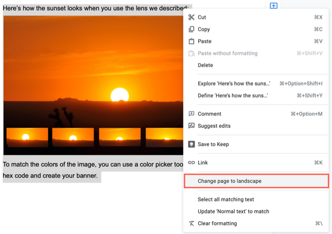 Выделите всю страницу, щёлкните правой кнопкой и выберите Поменять страницу на альбомную или Поменять страницу на книжную