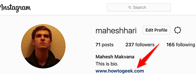 Ссылка в био на странице профиля в веб‑версии Instagram.