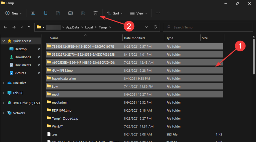 Выбор временных файлов и кнопка удаления