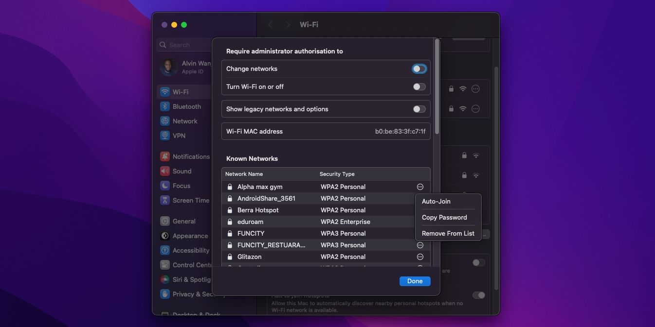 Сохранённая сеть с отключённым автоподключением на Mac