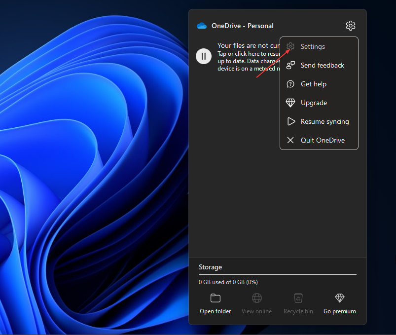 Меню OneDrive в системном трее