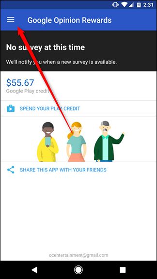 Меню приложения Google Opinion Rewards