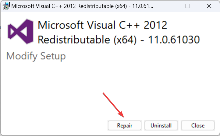 Кнопка 'Восстановить' для пакета Visual C++