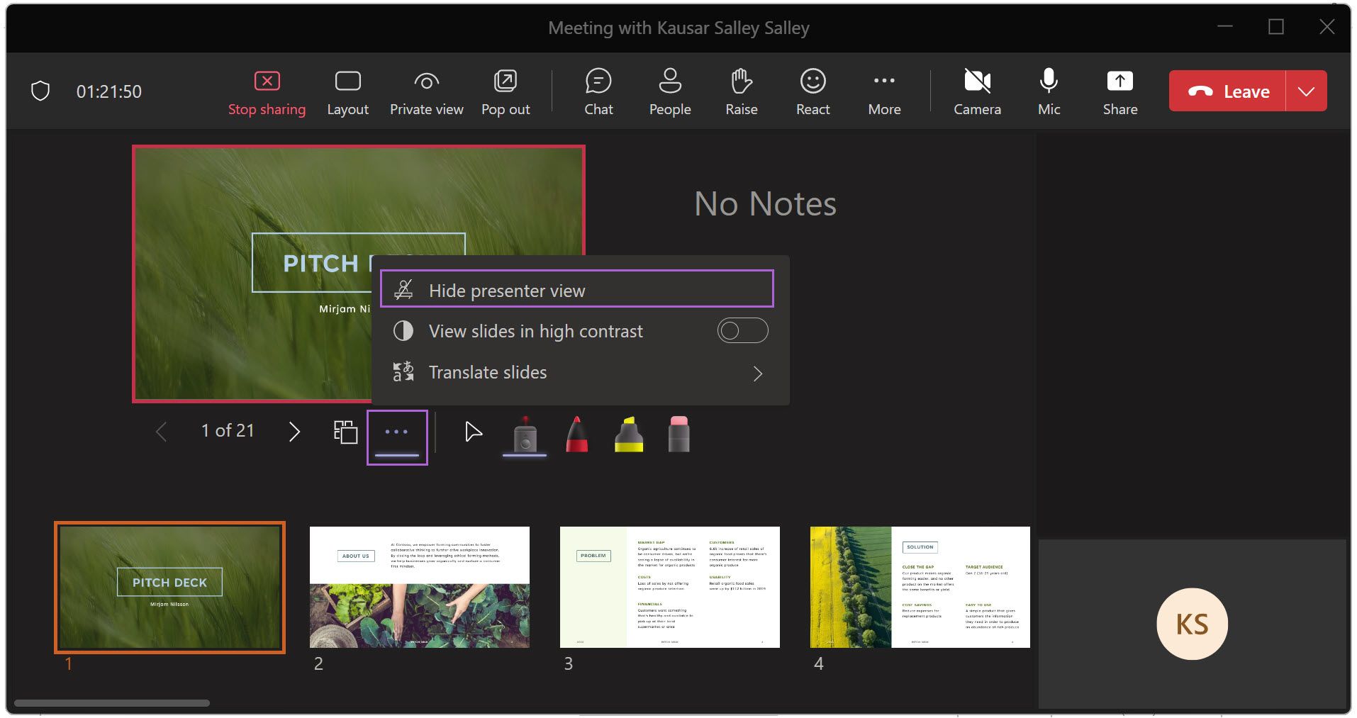 Hide presenter view in Teams PowerPoint Live