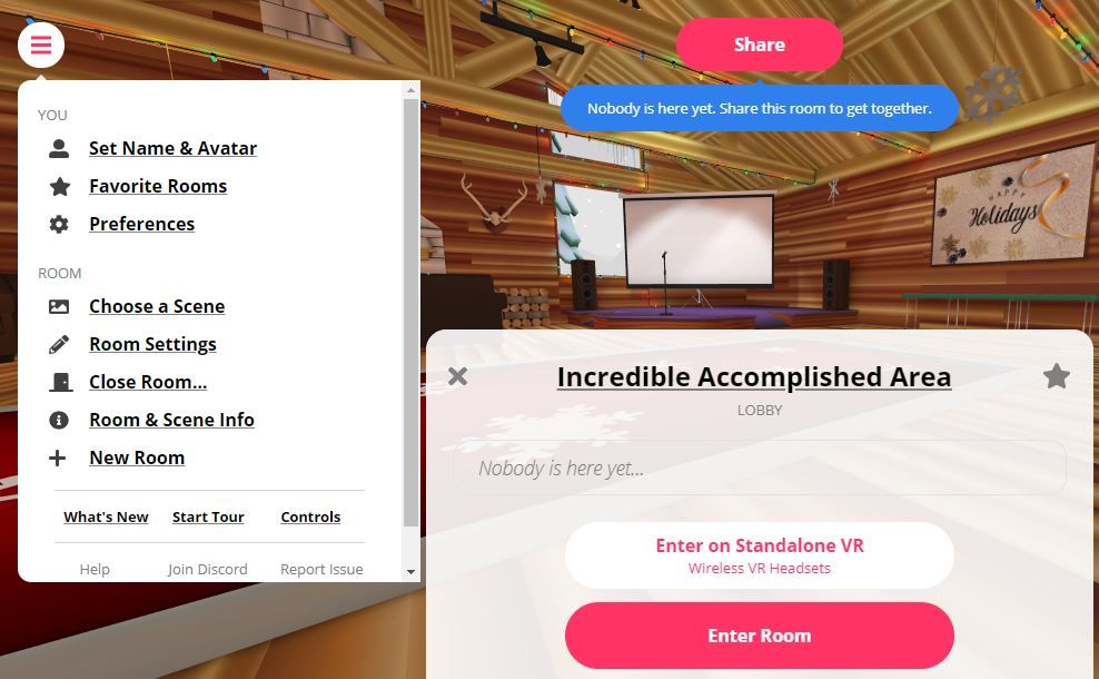 Панель управления Mozilla Hubs с элементами навигации