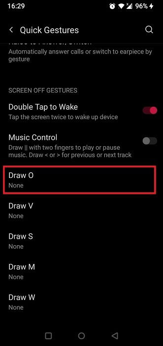 Активация опции «Нарисовать O» в настройках жестов
