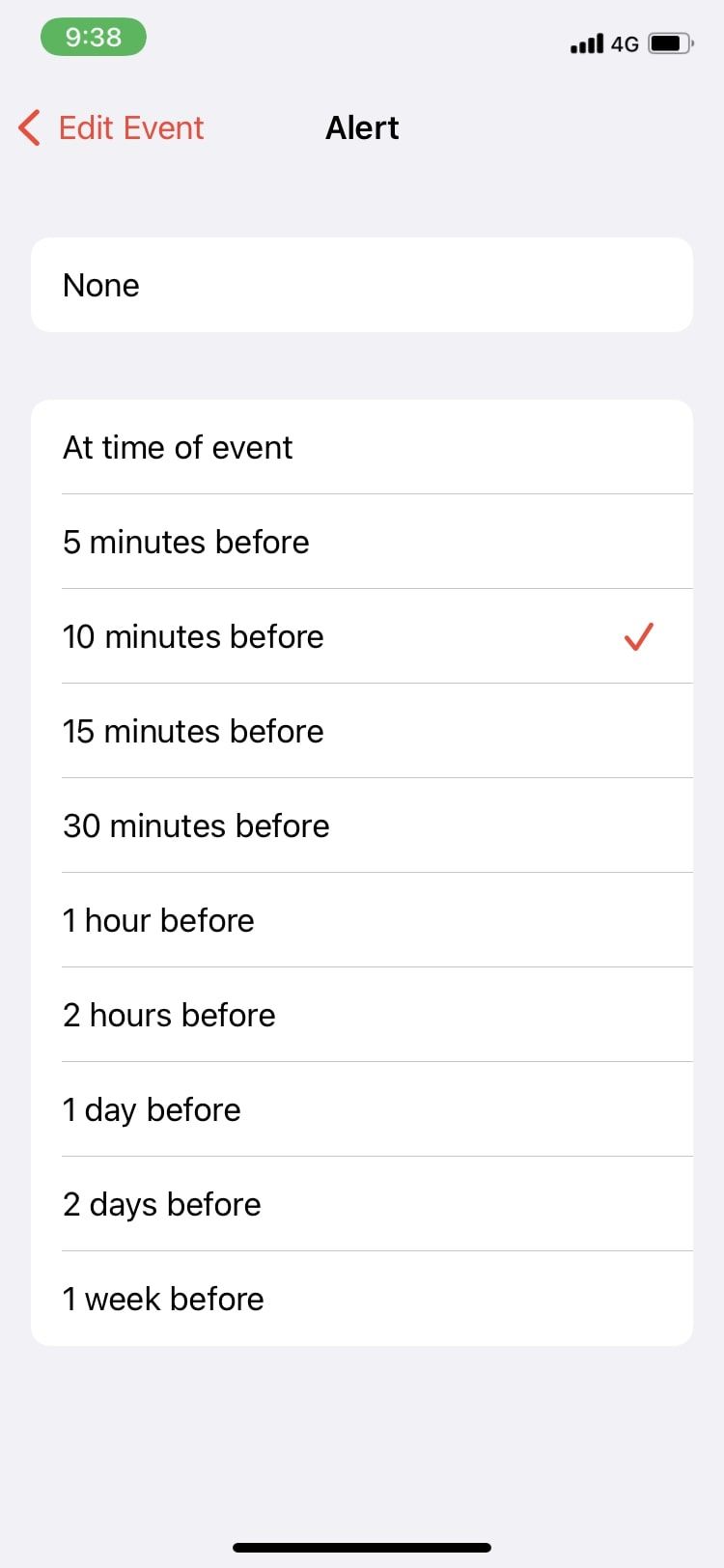 экран настройки оповещений с вариантами времени