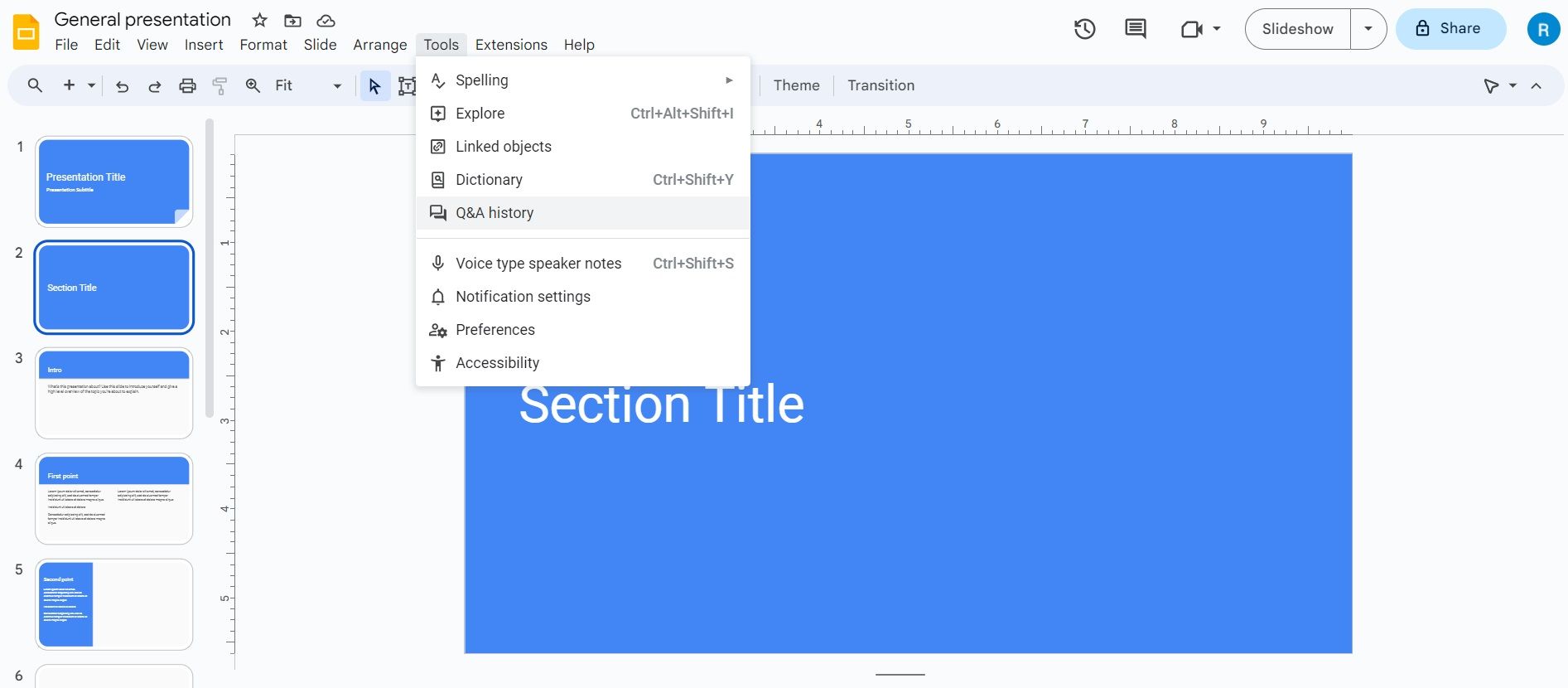 Google Slides Q&A Session Tools Q&A History Drop-Down Menu