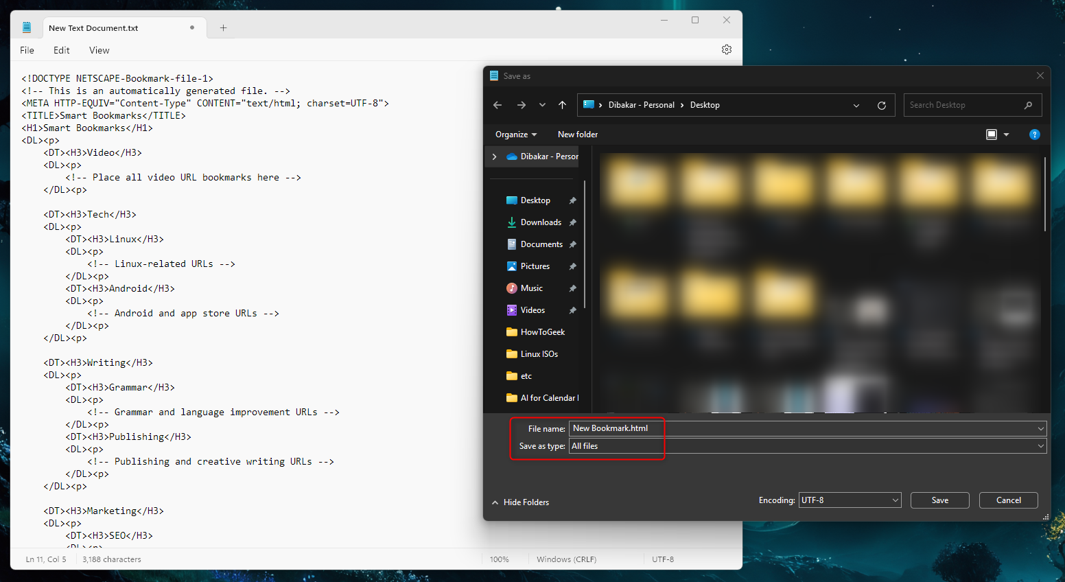 Сохраните новый HTML-файл со структурой закладок.