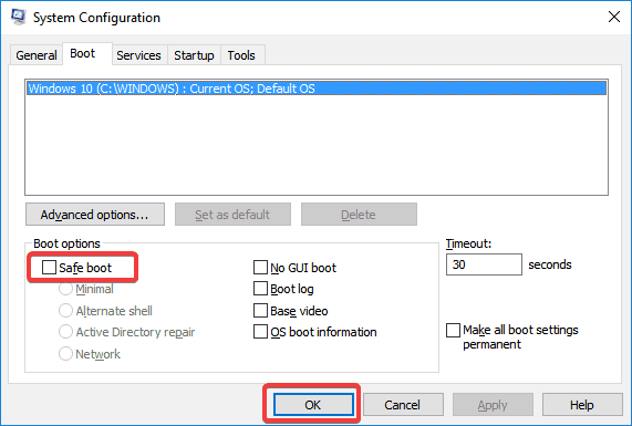 Окно конфигурации системы: включен безопасный режим