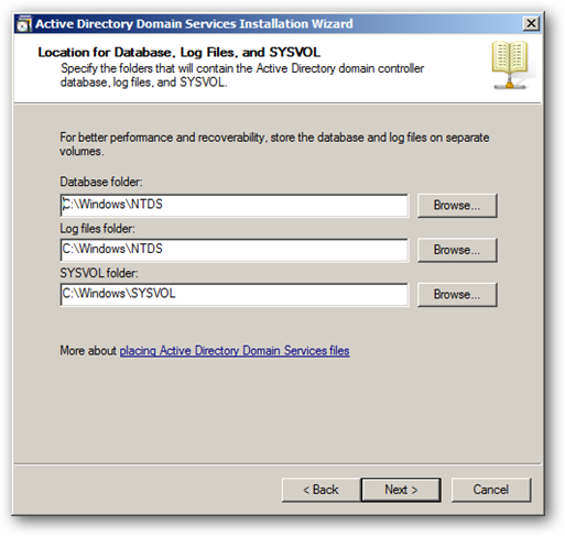 Выбор путей для DB, логов и SYSVOL