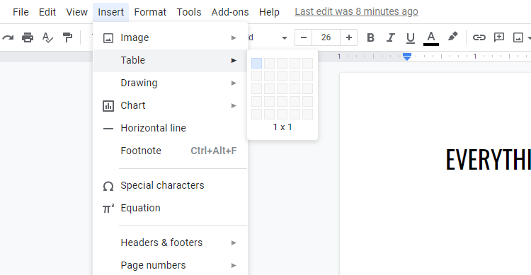 вставка таблицы в Google Docs