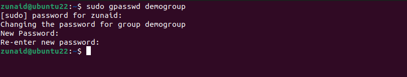 Терминал Linux, показывающий процесс установки пароля для группы с помощью gpasswd