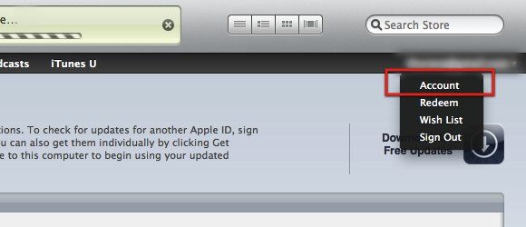 Вход в учётную запись iTunes: выбор Account