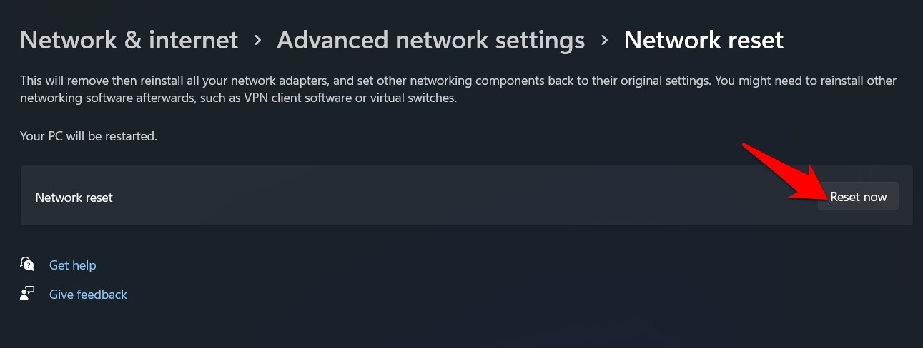 reset network windows 11