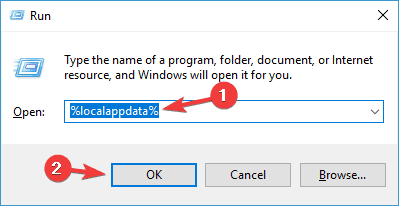 окно Выполнить с %localappdata% в Windows 10