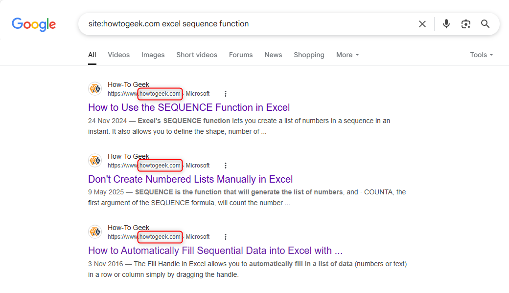 Результат поиска Google для запроса по конкретному сайту