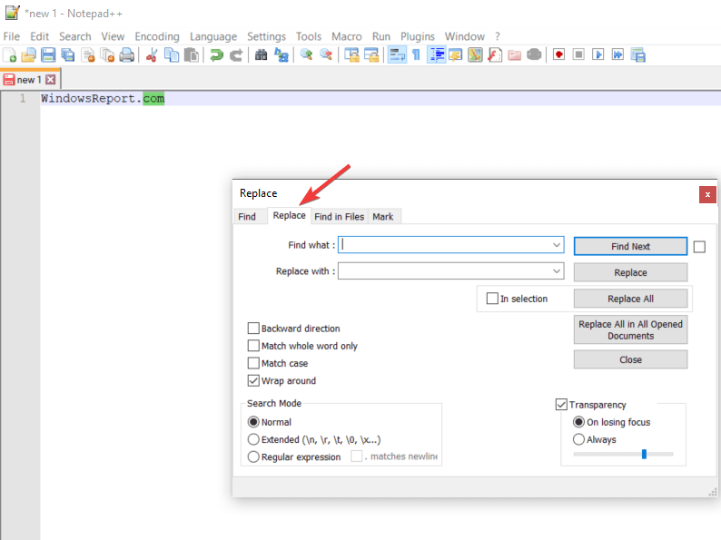 Диалог Замены в Notepad++ с вкладкой Replace