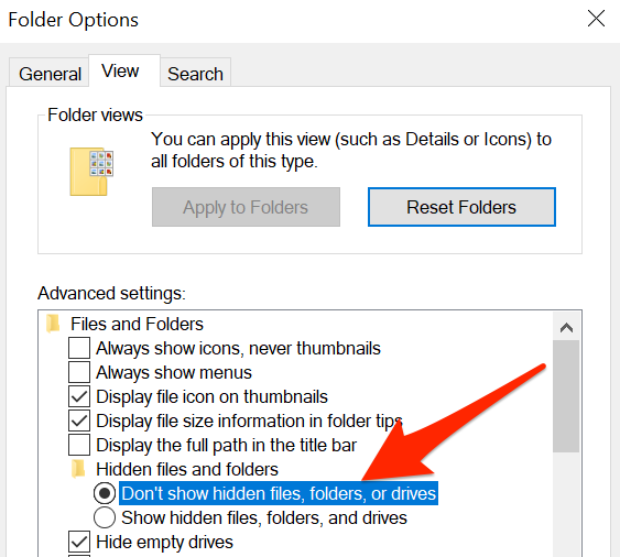 Окно параметров папок со списком дополнительных параметров