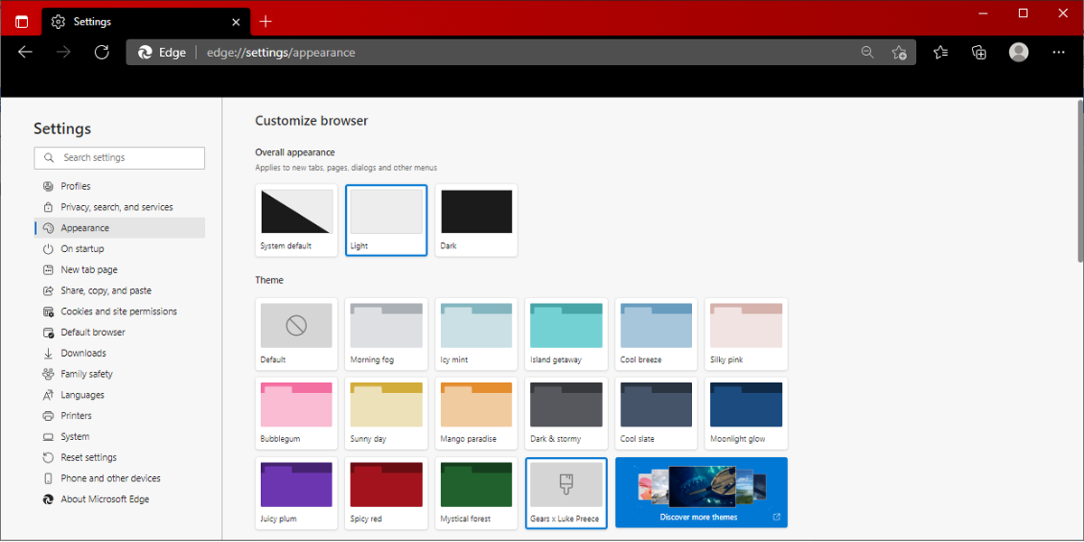 Меню «Внешний вид» в Microsoft Edge с выбором темы по умолчанию