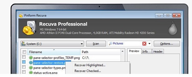 Окно Recuva с мастером восстановления