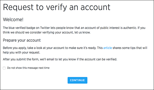 Страница welcome для подачи заявки на верификацию Twitter