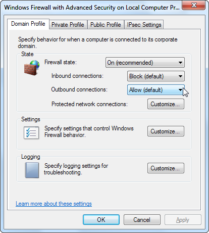 Окно свойств брандмауэра: настройка блокировки входящих/исходящих подключений