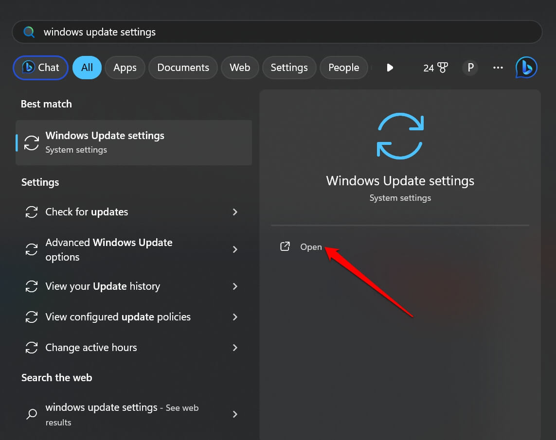 Открыть параметры обновления Windows