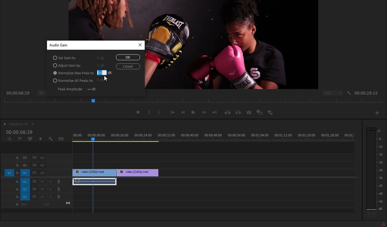 Окно Gain в Premiere Pro