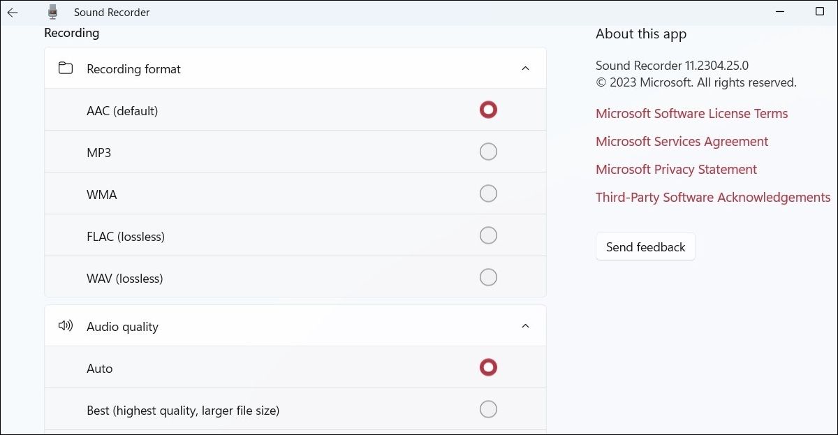 Параметры качества записи в приложении Диктофон на Windows 11