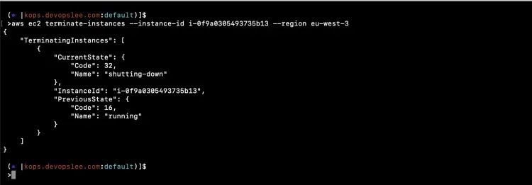 Завершение работы экземпляра EC2 в консоли