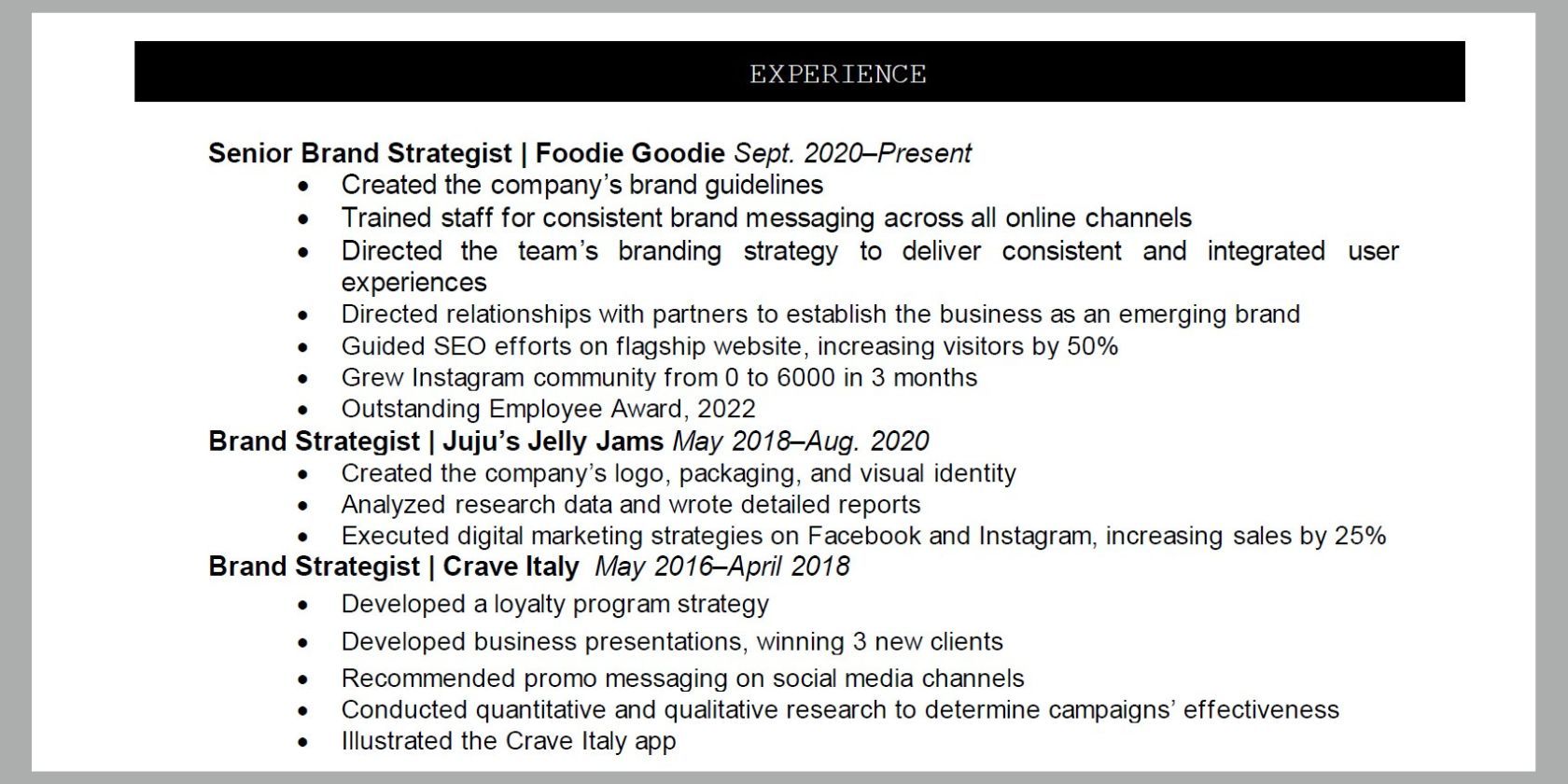 Маркерованные пункты в одностраничном резюме