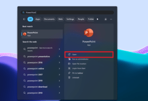 Открыть PowerPoint через поиск Windows