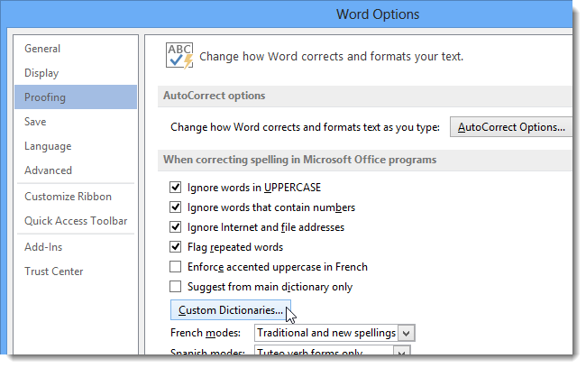 Список пользовательских словарей в Word
