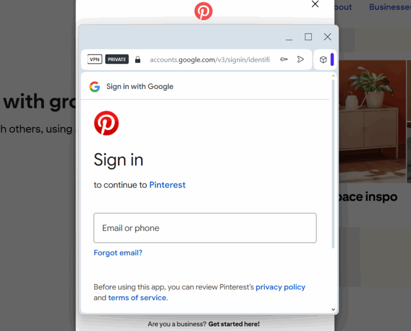 Вход в Pinterest через Google-аккаунт