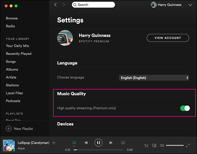 Переключатель High Quality Streaming в настройках Spotify на ПК