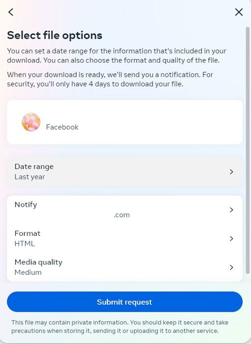 Настройка периода, формата и качества медиа перед загрузкой на Facebook.