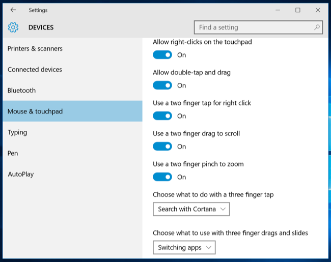 Параметры тачпада в Windows 10 с переключателями жестов