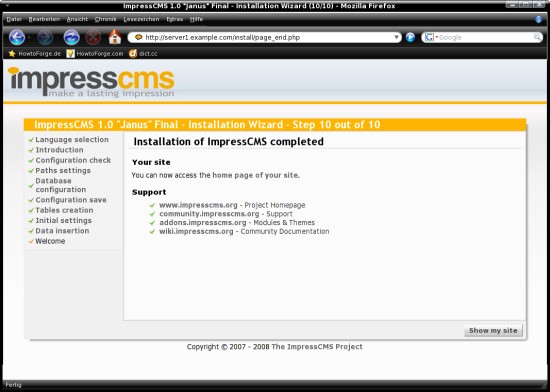 Capture: page finale de l'installation, bouton pour afficher le site