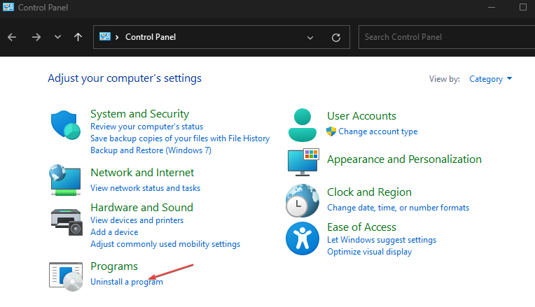 Панель управления Раздел Удаление программы