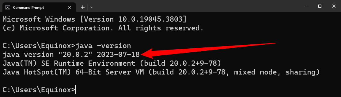 Вывод команды java -version в командной строке.