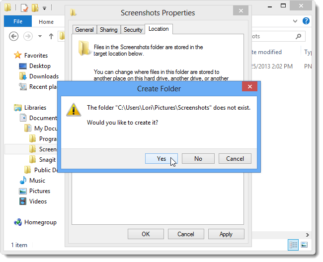 Диалог создания папки Screenshots в стандартном расположении