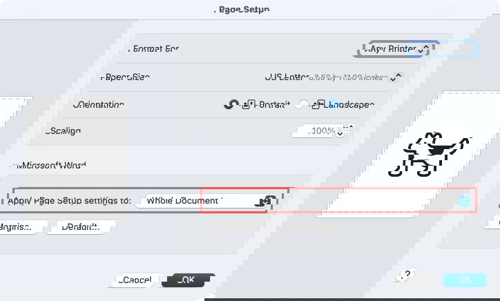 Параметры Применить к в Page Setup на Mac