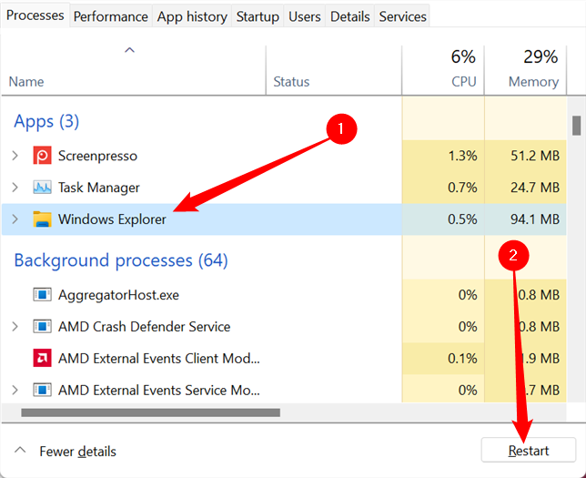 Вкладка «Процессы»: выберите Windows Explorer и нажмите «Перезапустить».