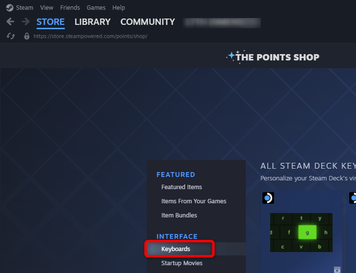 Click the Keyboards tab in the Steam Points Shop to browse new Steam Deck keyboard themes