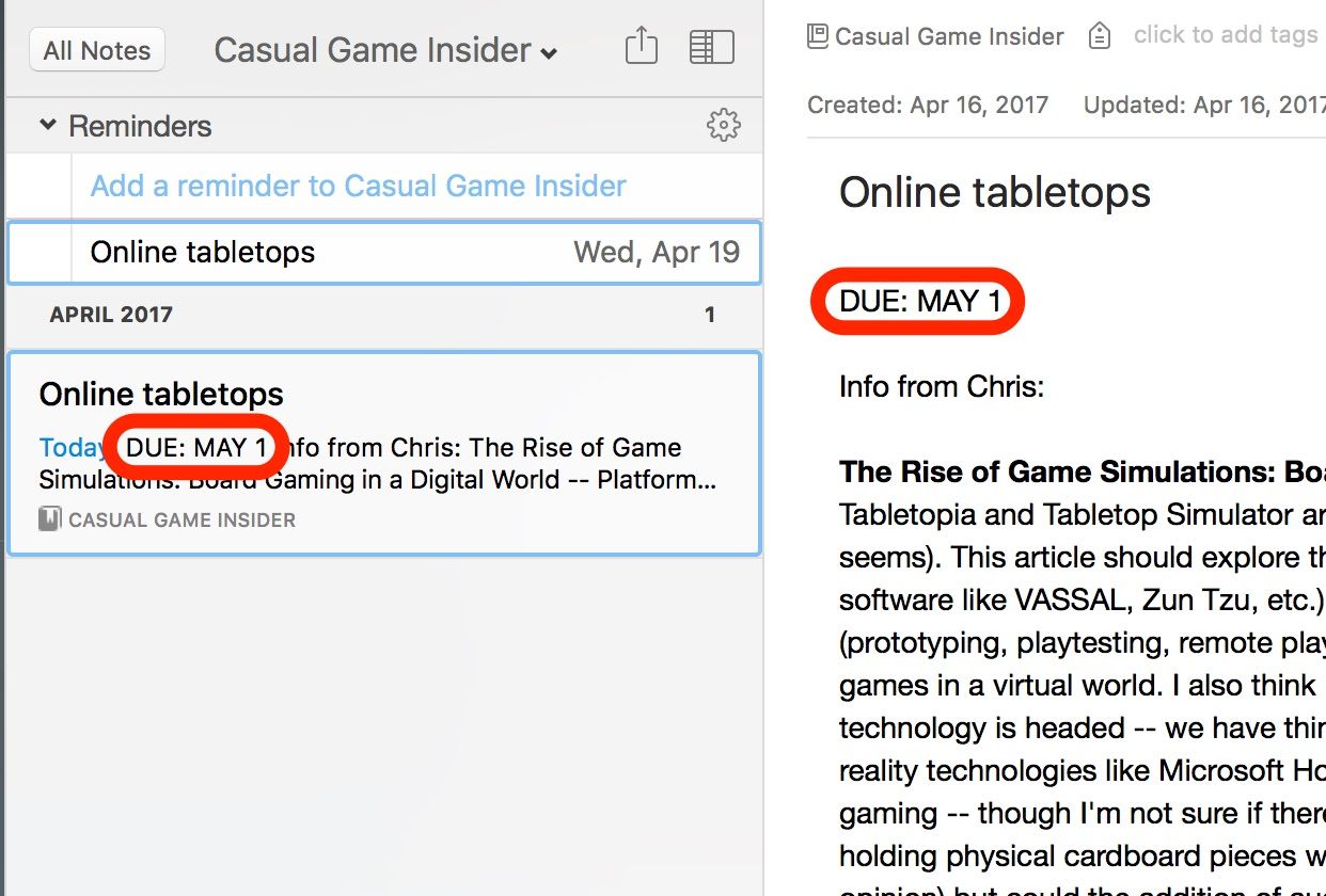 Evernote project management note due dates