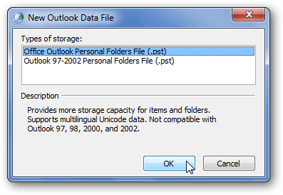 Выбор типа файла .pst